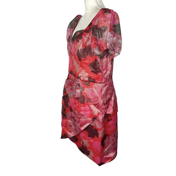 Theia Sybille Puff Sleeve Cocktail Mini Dress Metallic Shadow Peony Plus Size 16 - Picture 6 of 8